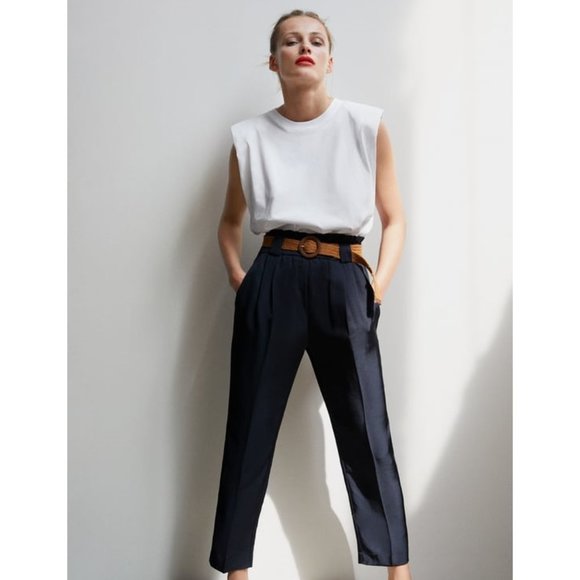 Zara Pants - Zara High-Waisted Raffia Belt Pants in Navy Blue M